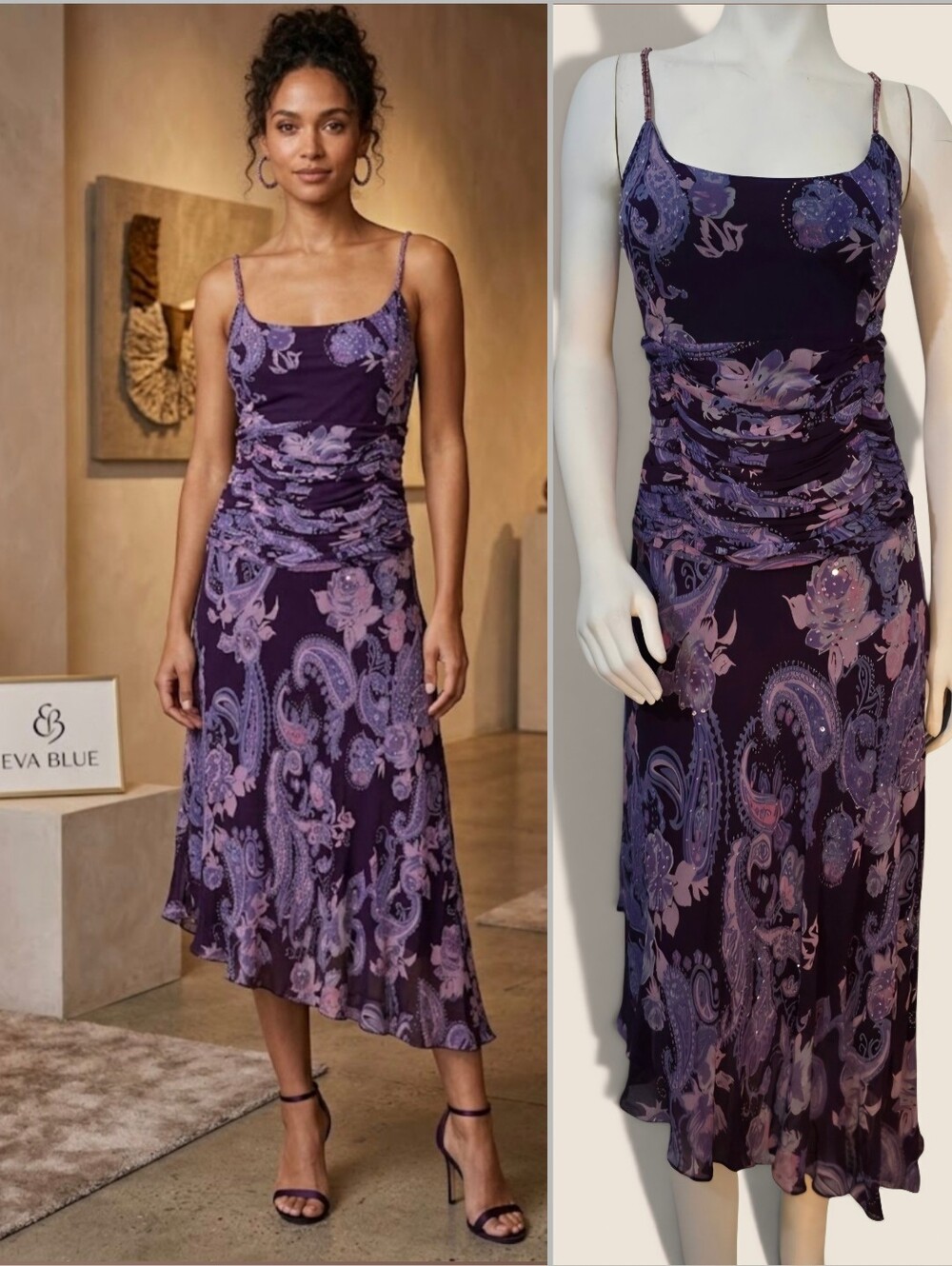 Eva Blue Purple Paisley Slip Dress Size 14 Vintage Y2K